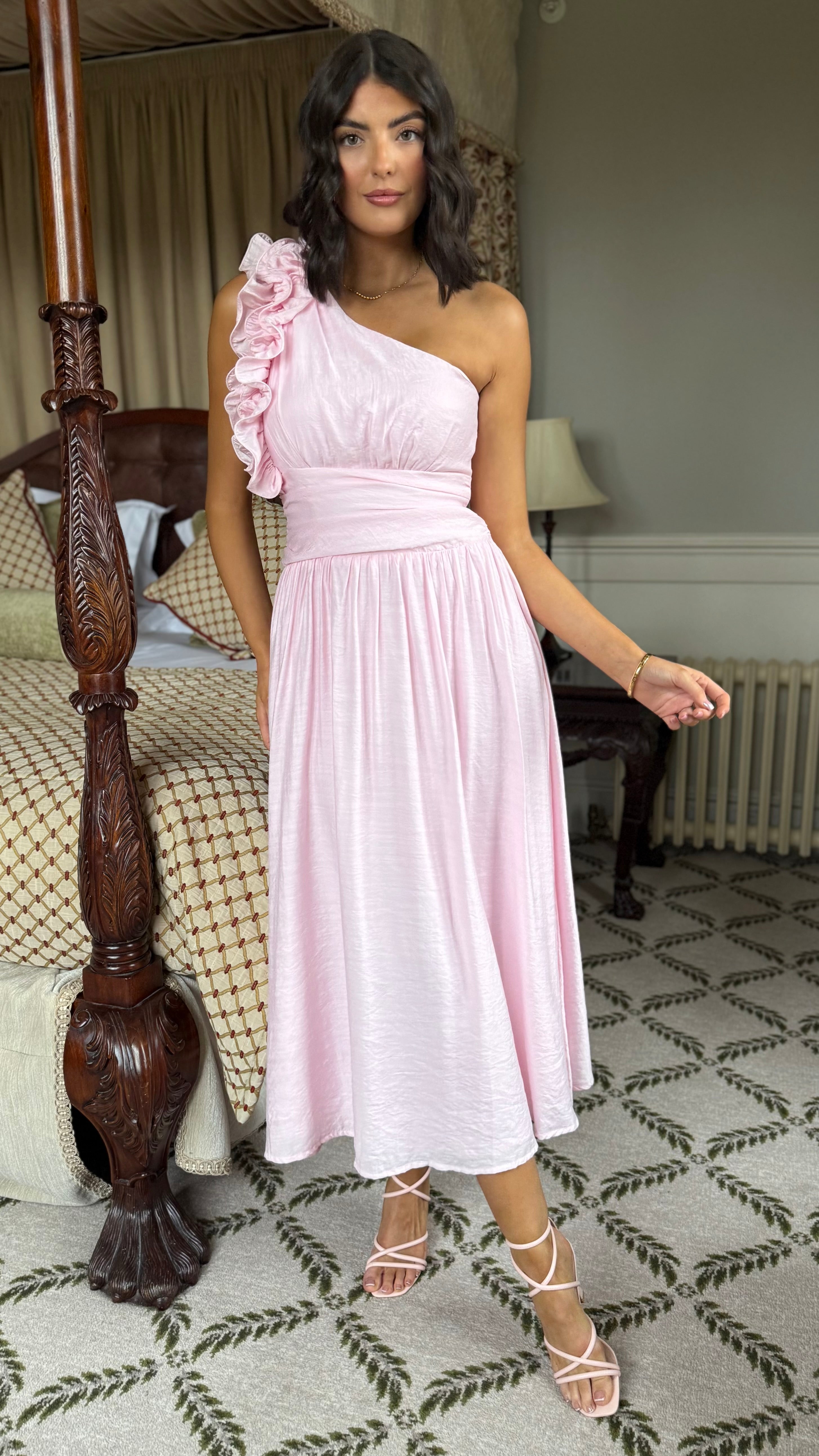 Francesca Baby Pink One Shoulder Ruffle Maxi Dress