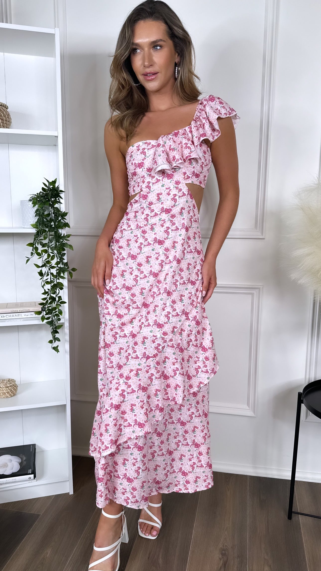 Natalya Pink Floral Printed One Shoulder Cut Out Maxi Dress