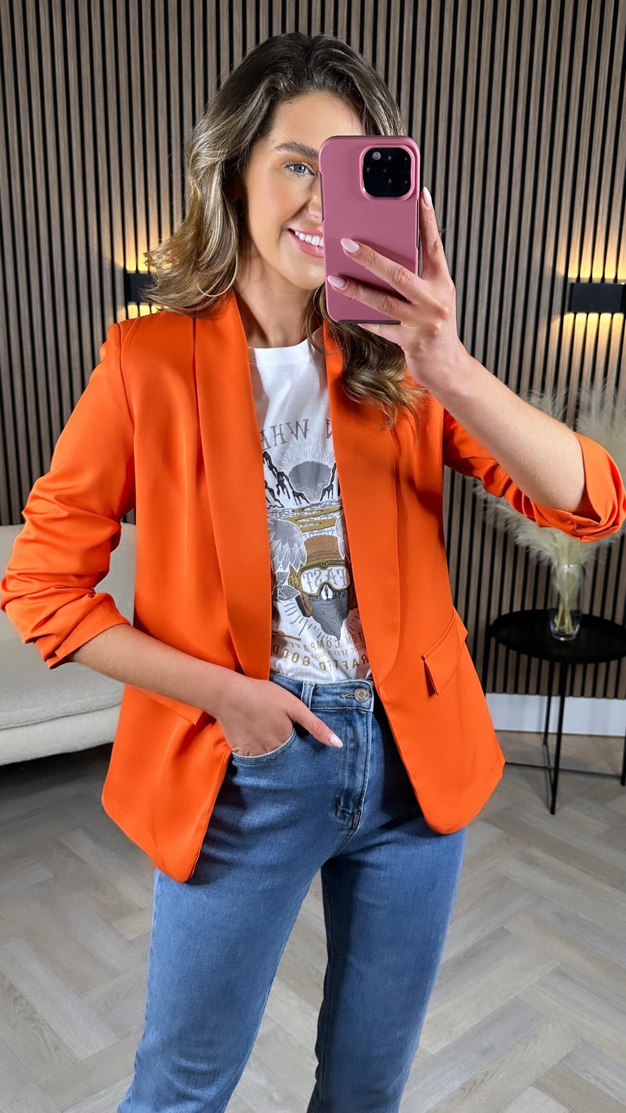 Orange Ruched Sleeve Blazer