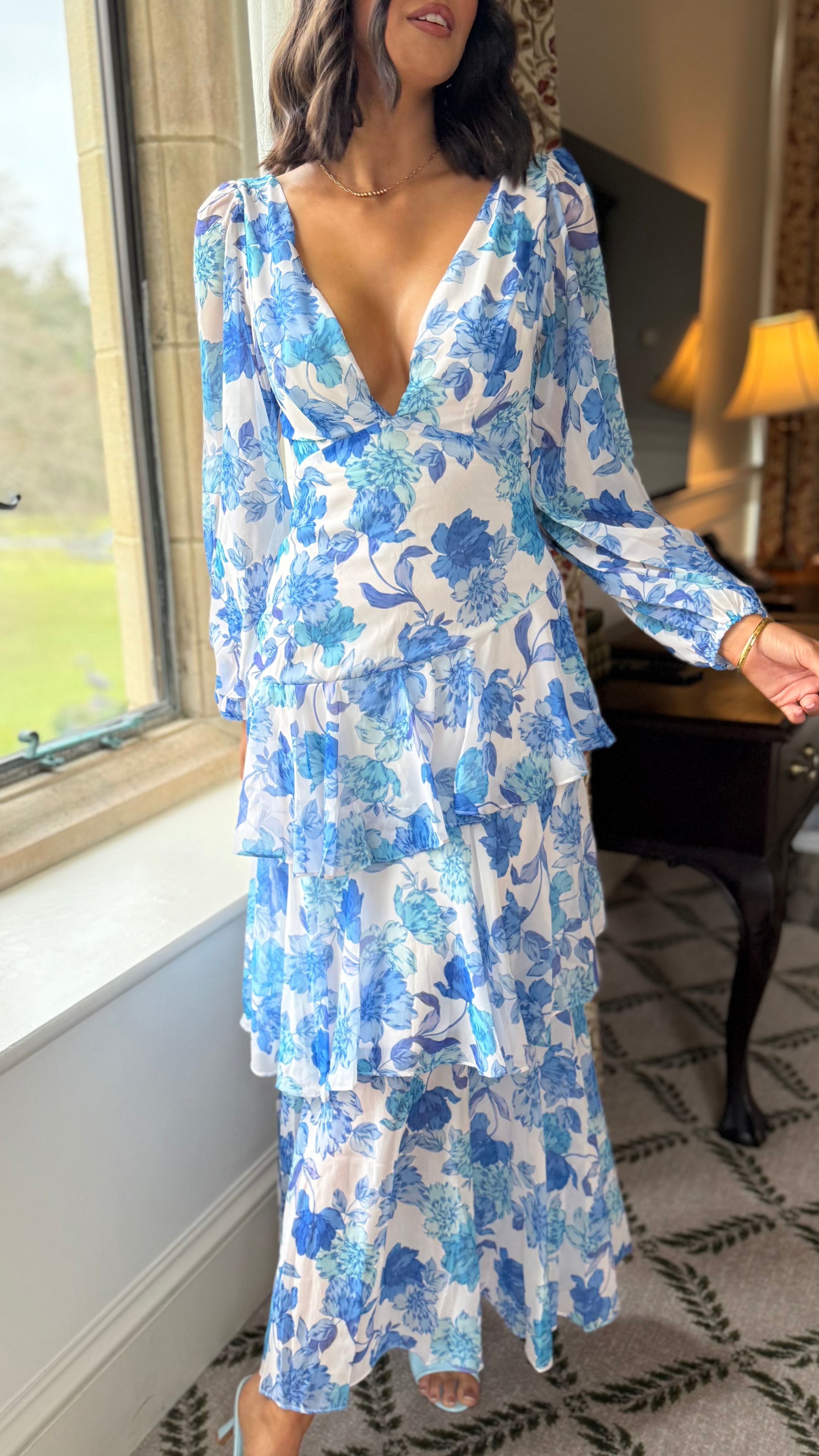 Mariah Blue Floral Tie Back Long Sleeve Tiered Maxi Dress