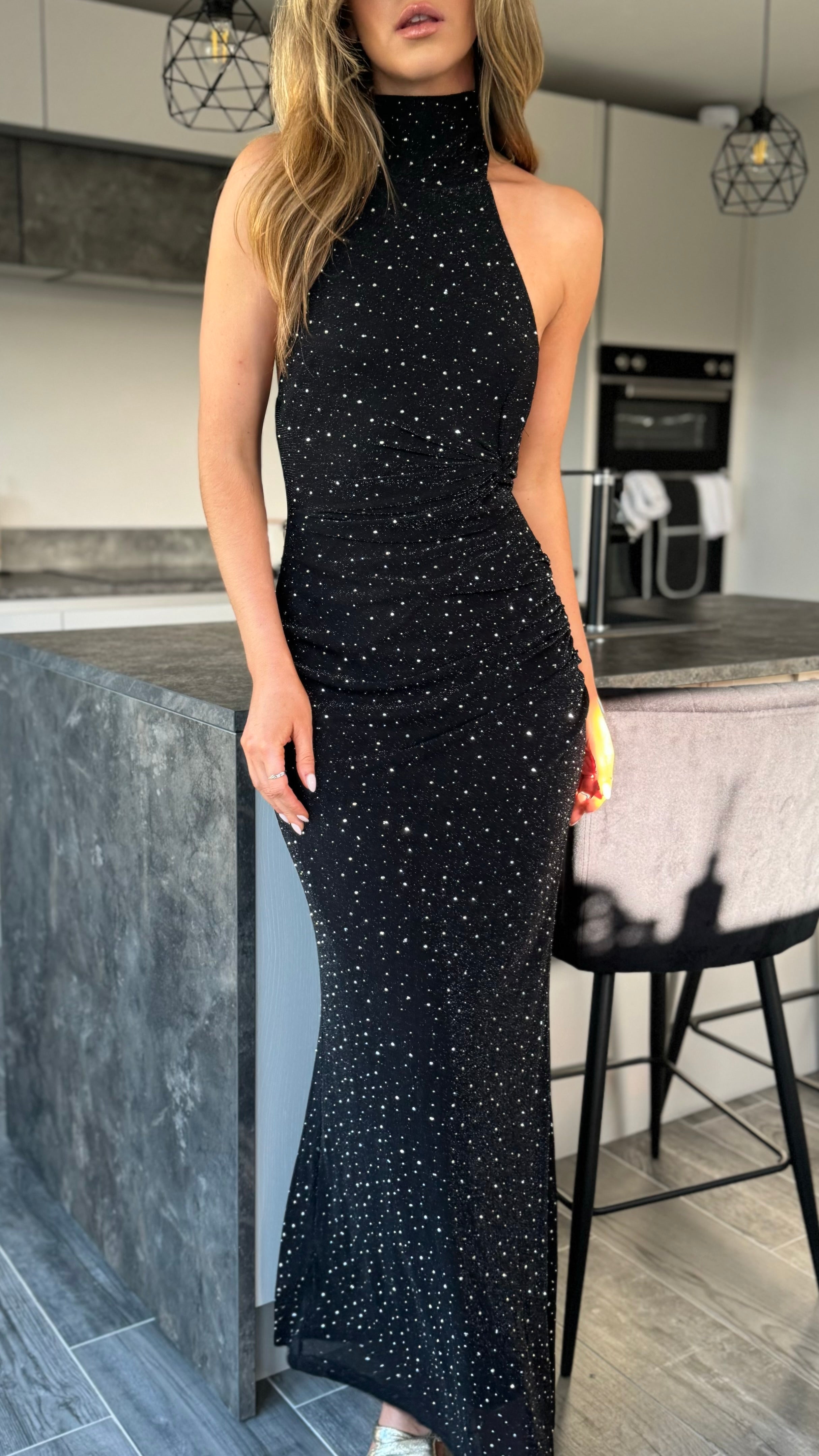 Zelda Black Sparkle Halter Neck Maxi Dress