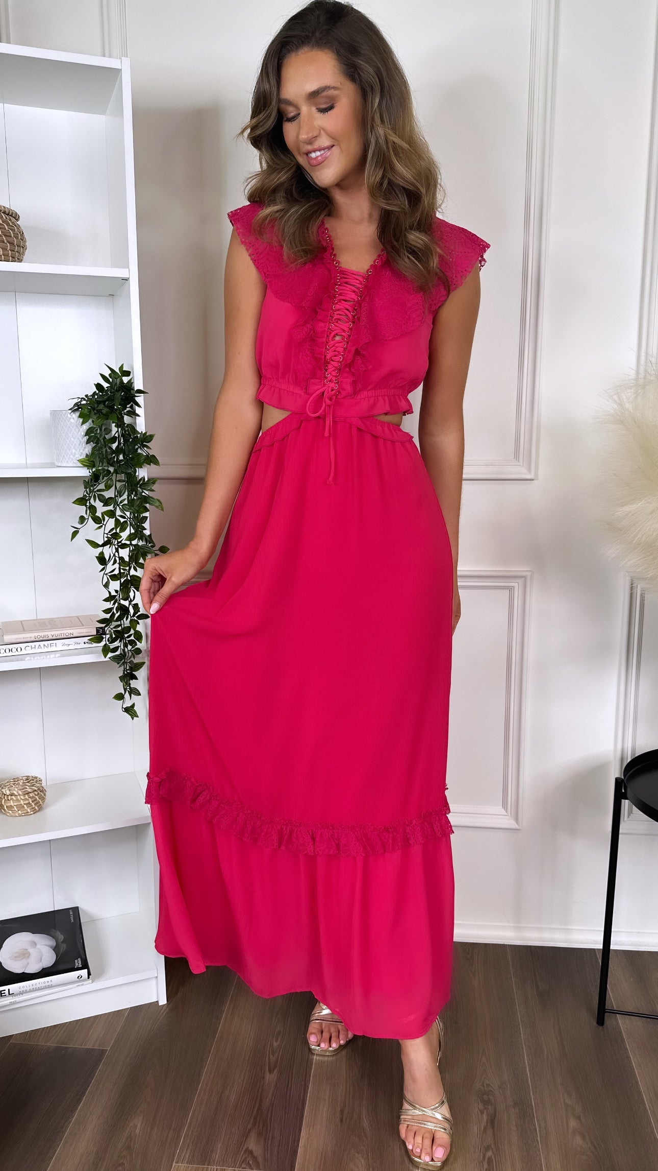 Marietta Fuchsia Frill Detail Cut Out Midaxi Dress