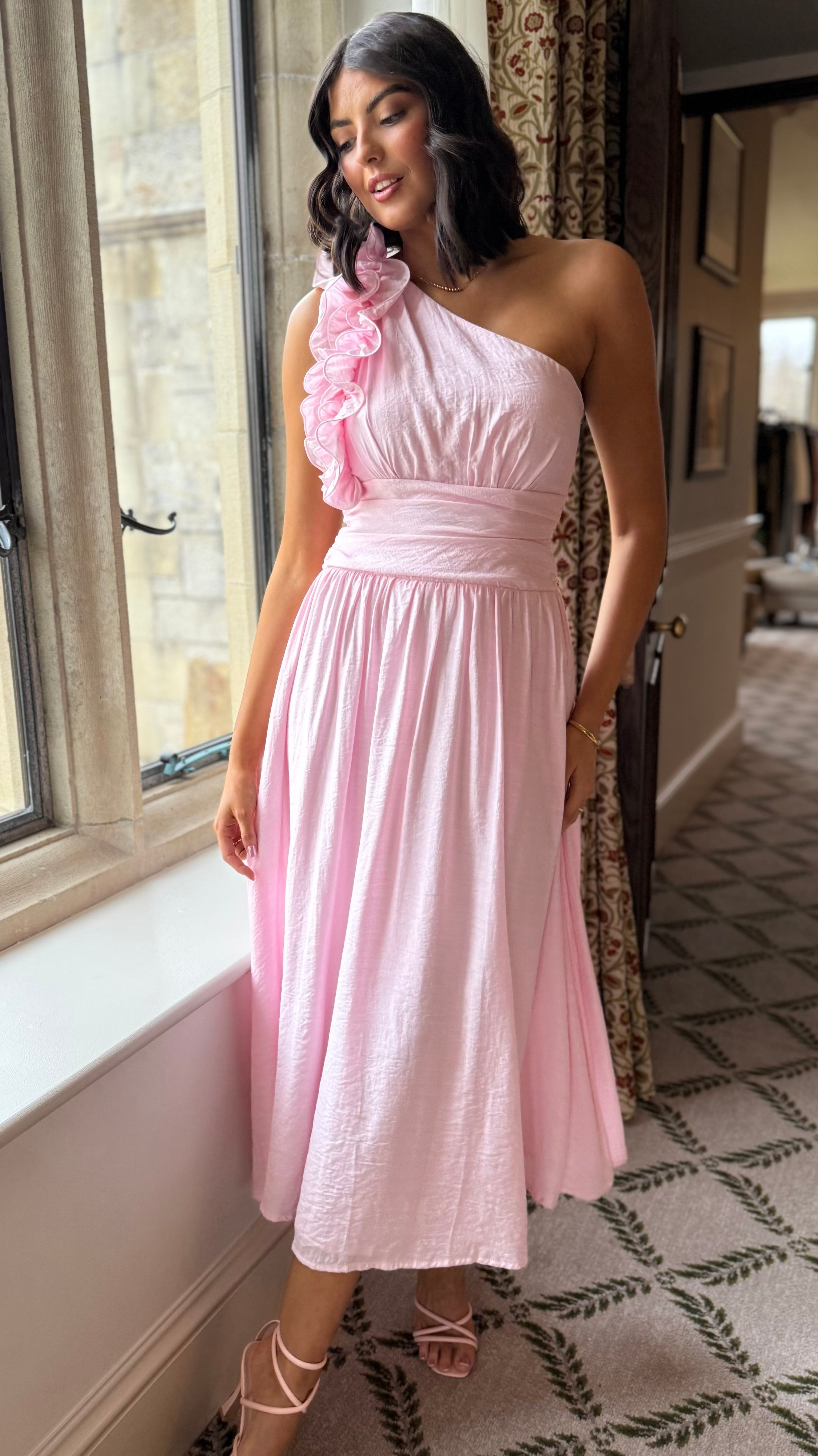 Francesca Baby Pink One Shoulder Ruffle Maxi Dress