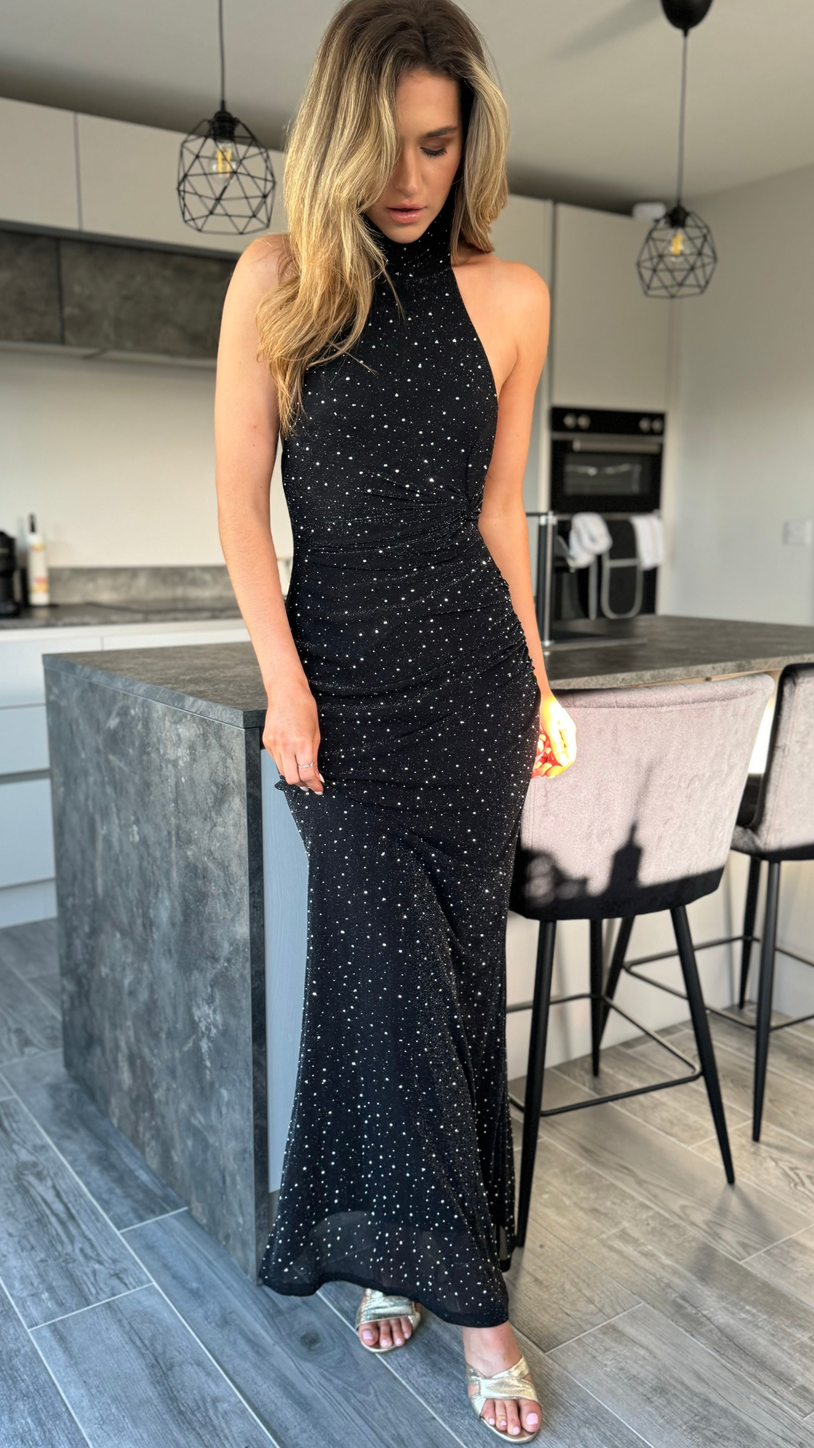 Zelda Black Sparkle Halter Neck Maxi Dress