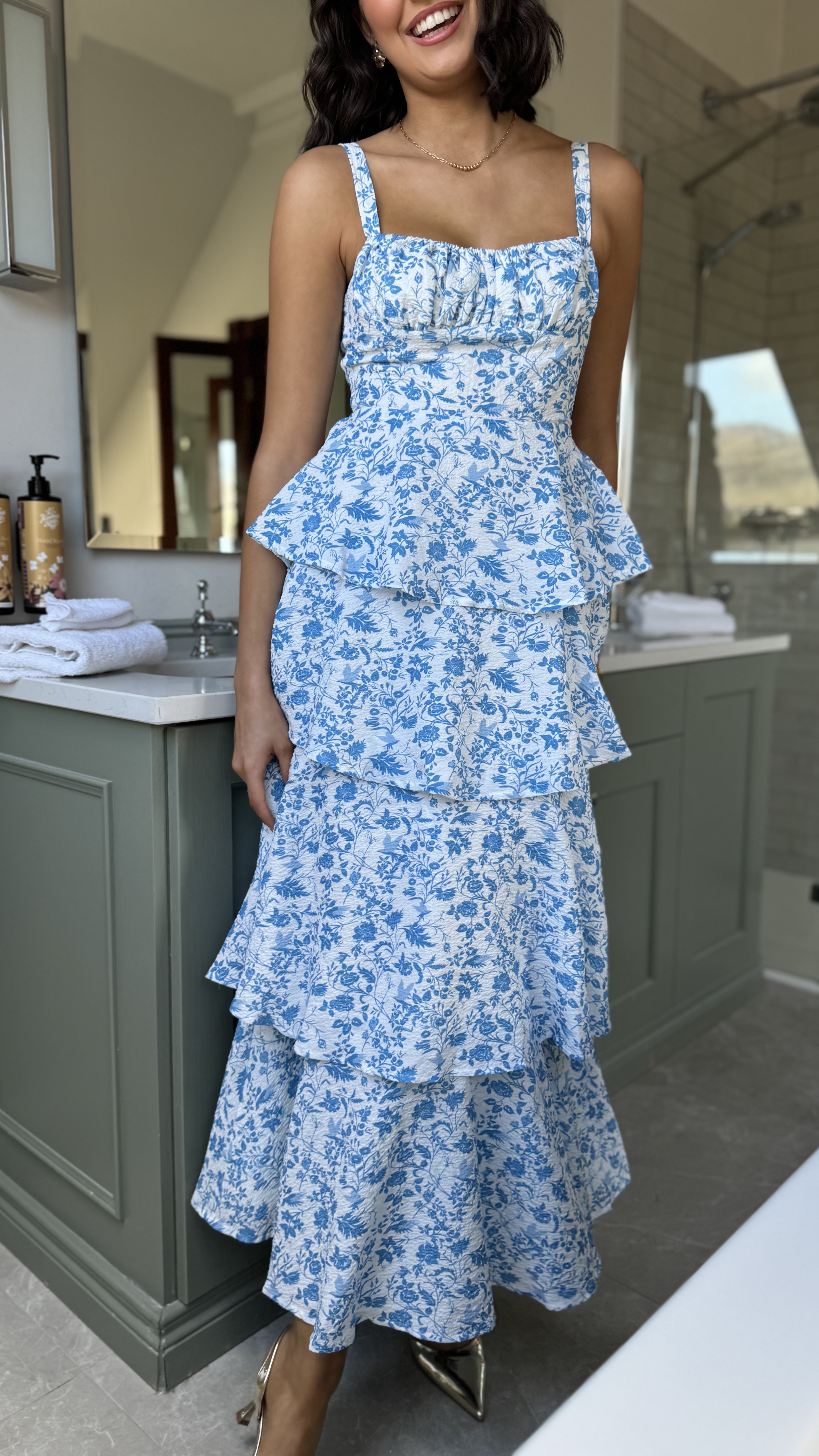 Bella Blue Floral Tie Up Back Tiered Skirt Maxi Dress