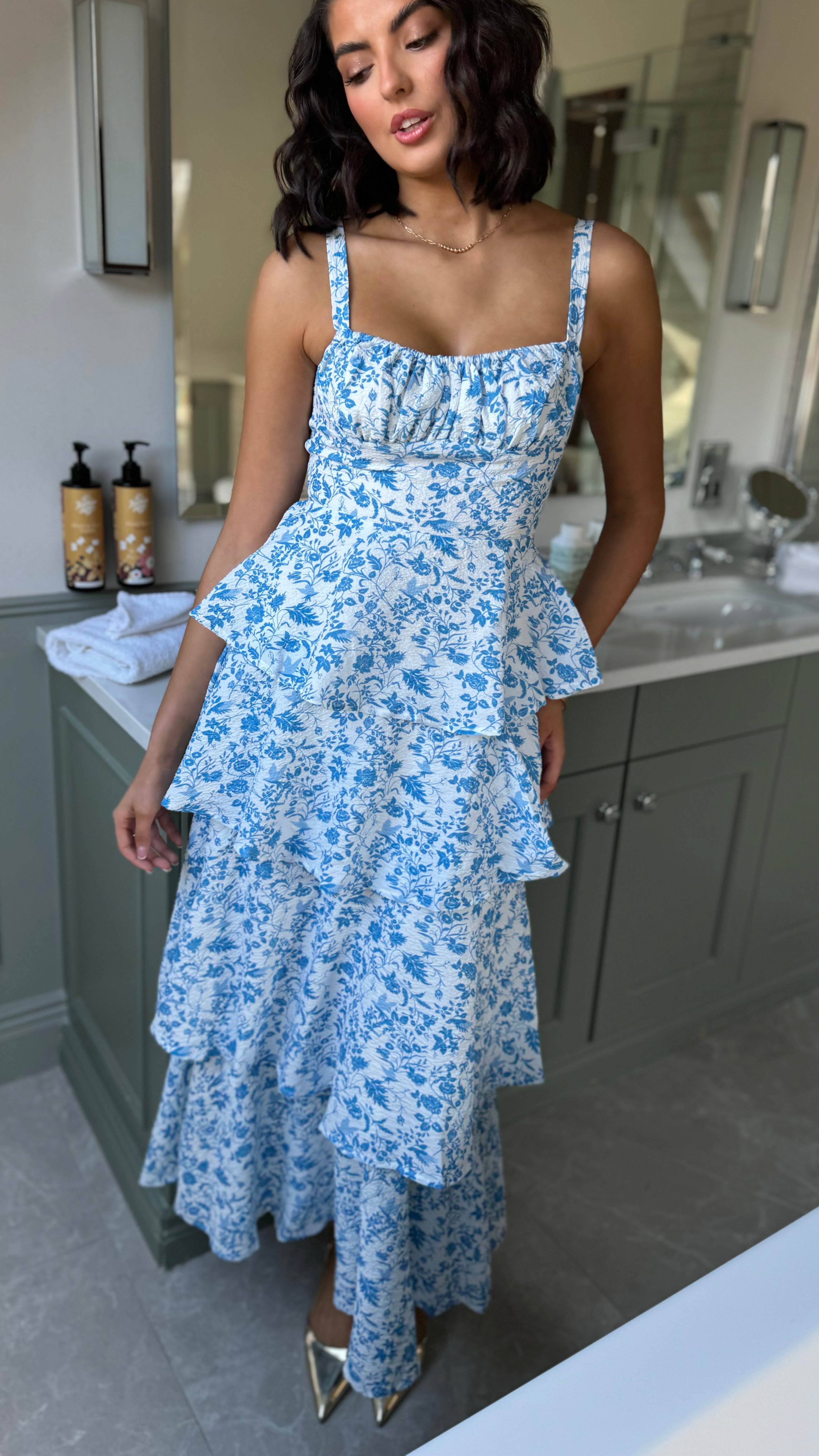 Bella Blue Floral Tie Up Back Tiered Skirt Maxi Dress