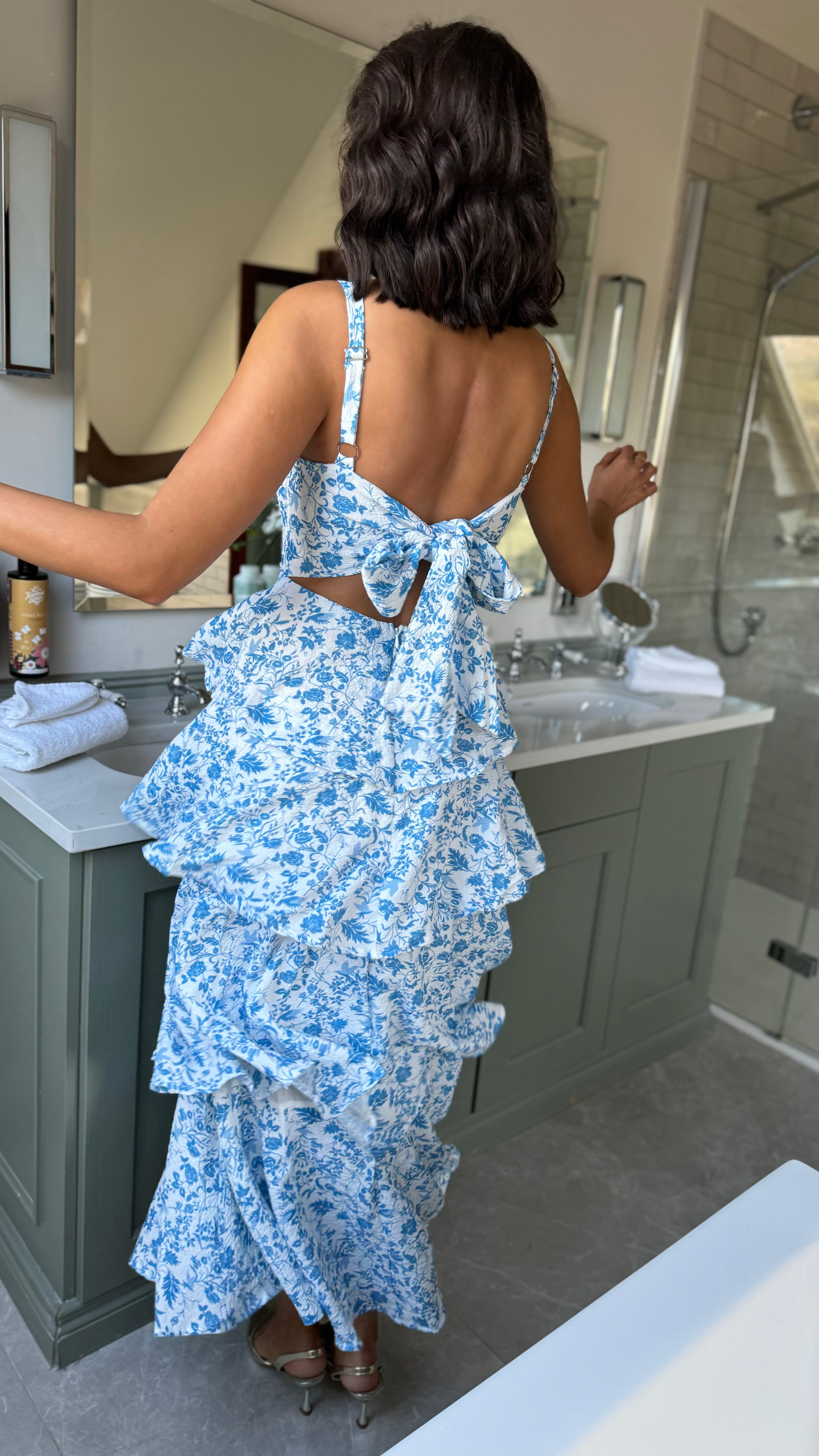 Bella Blue Floral Tie Up Back Tiered Skirt Maxi Dress