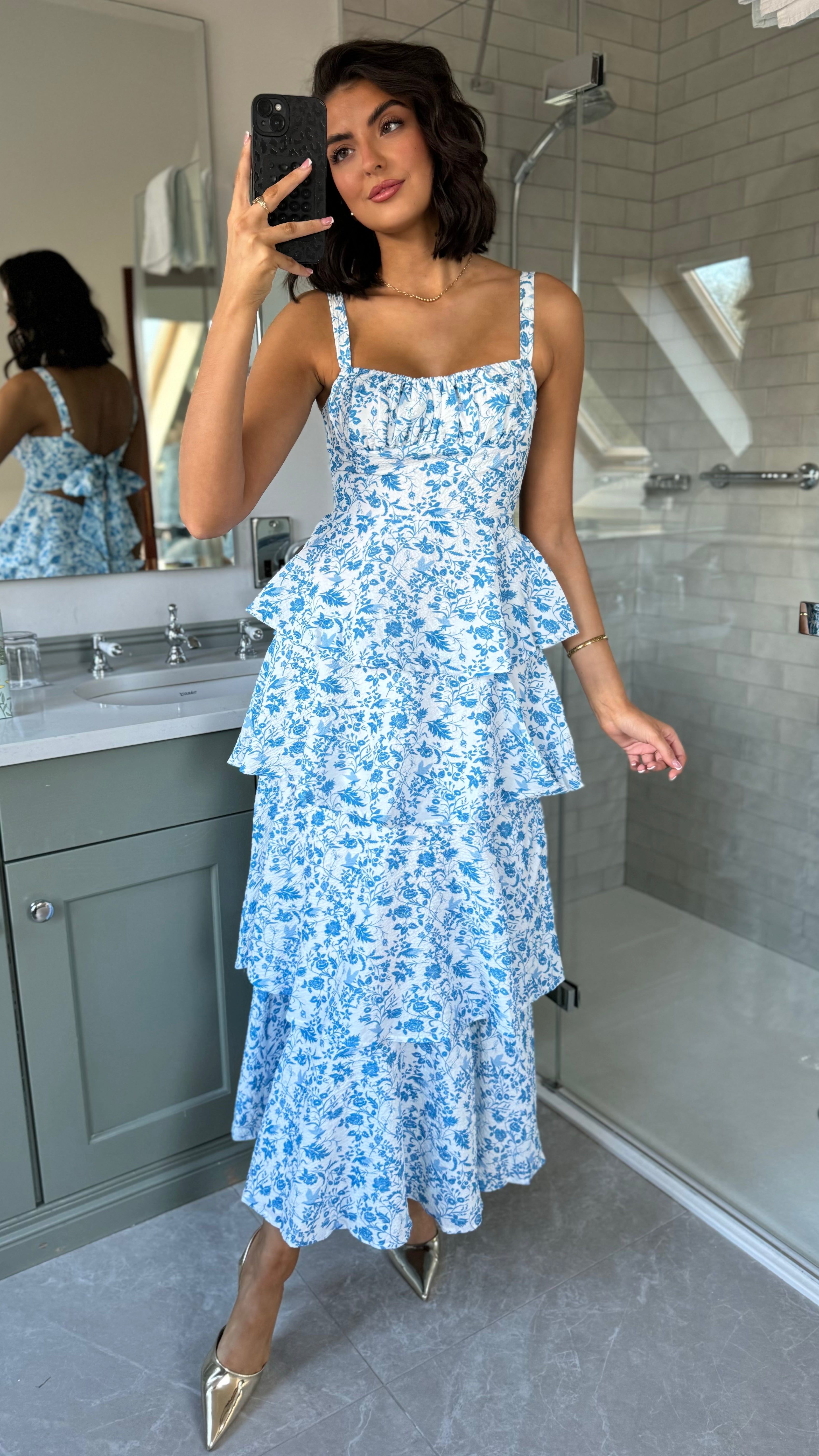 Bella Blue Floral Tie Up Back Tiered Skirt Maxi Dress