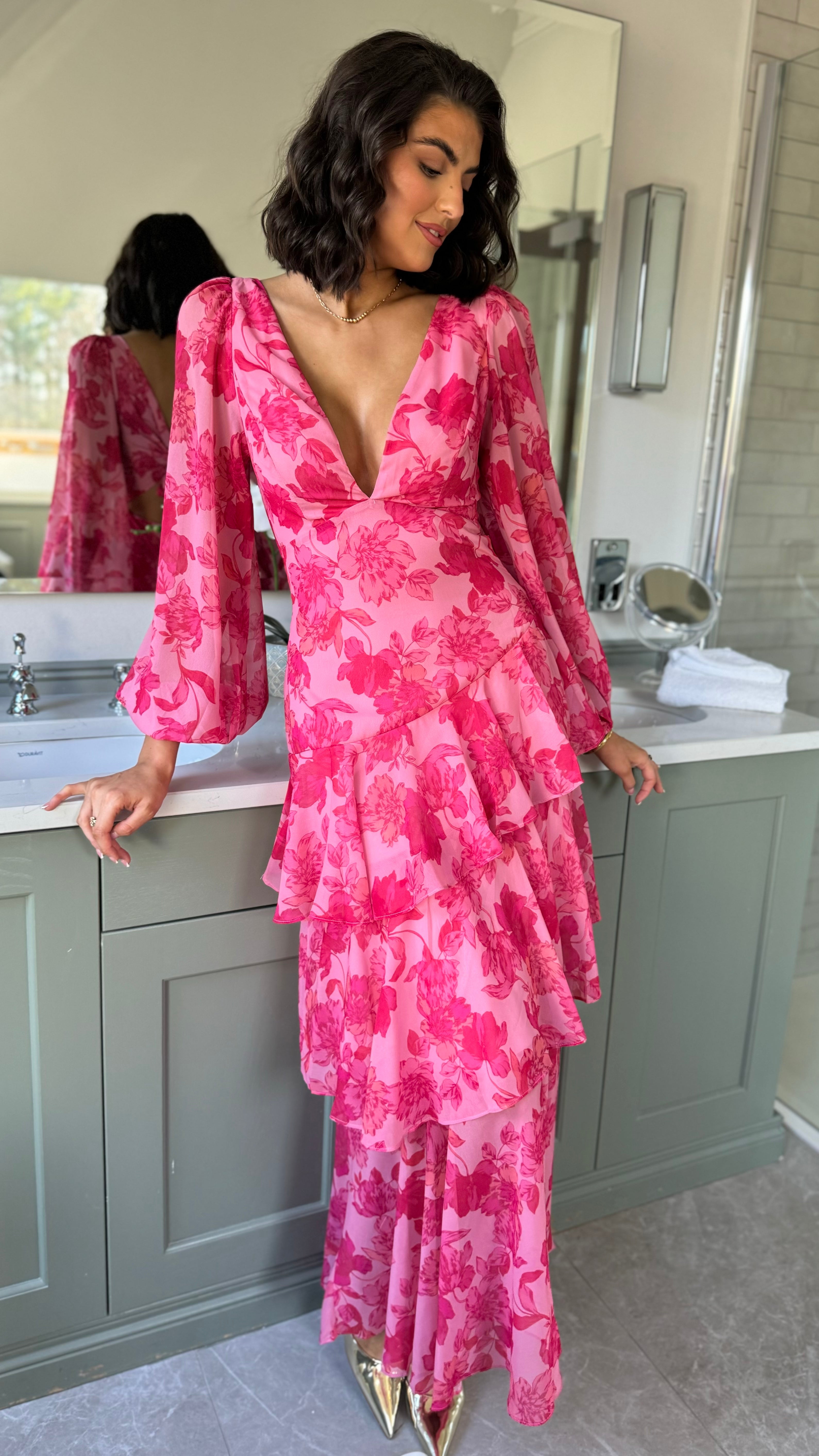 Mariah Pink Floral Tie Back Long Sleeve Tiered Maxi Dress