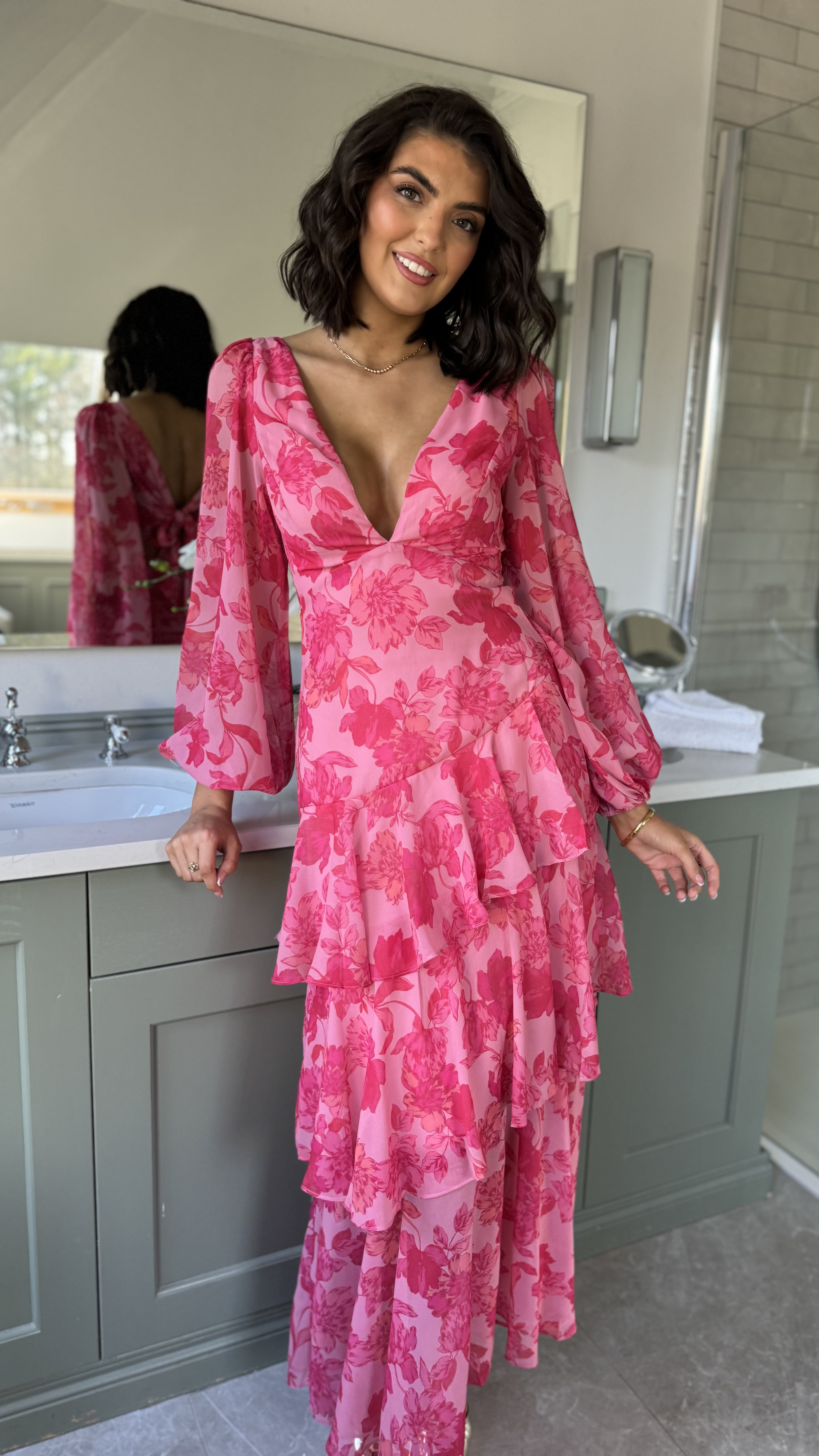 Mariah Pink Floral Tie Back Long Sleeve Tiered Maxi Dress