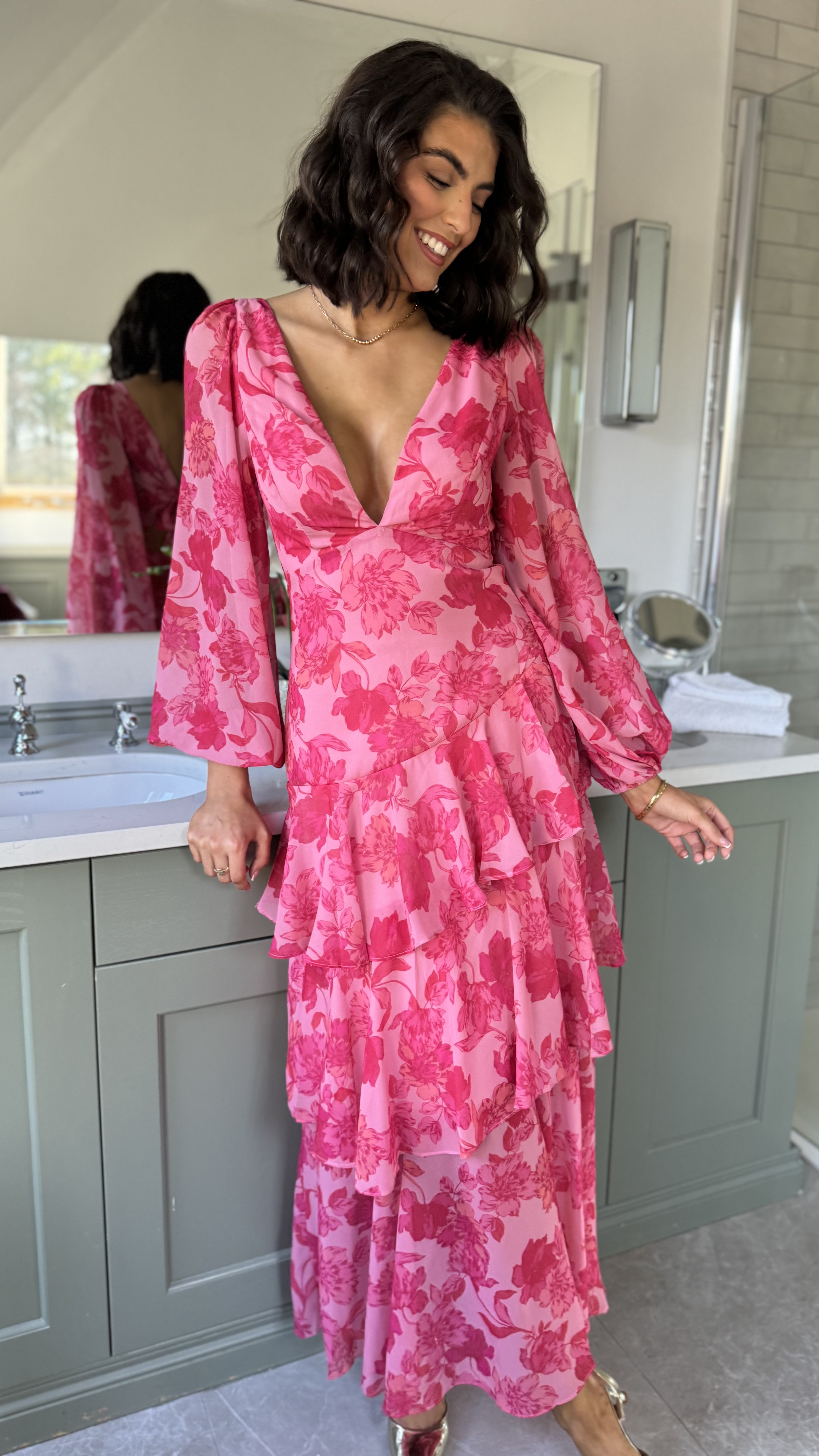 Mariah Pink Floral Tie Back Long Sleeve Tiered Maxi Dress