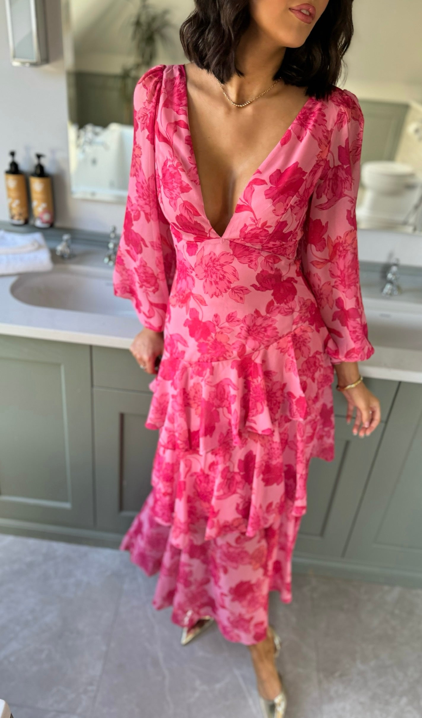 Mariah Pink Floral Tie Back Long Sleeve Tiered Maxi Dress