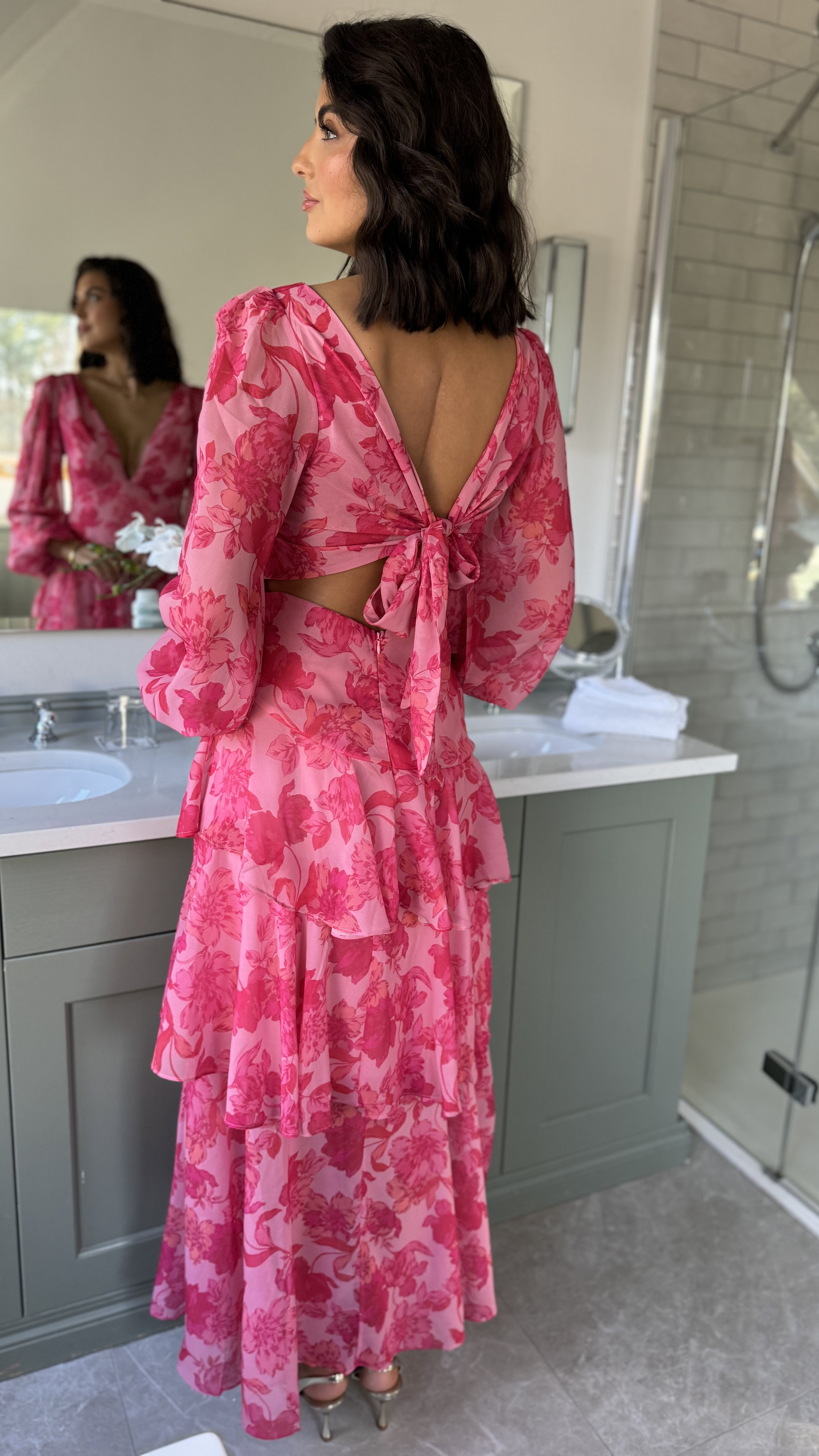 Mariah Pink Floral Tie Back Long Sleeve Tiered Maxi Dress