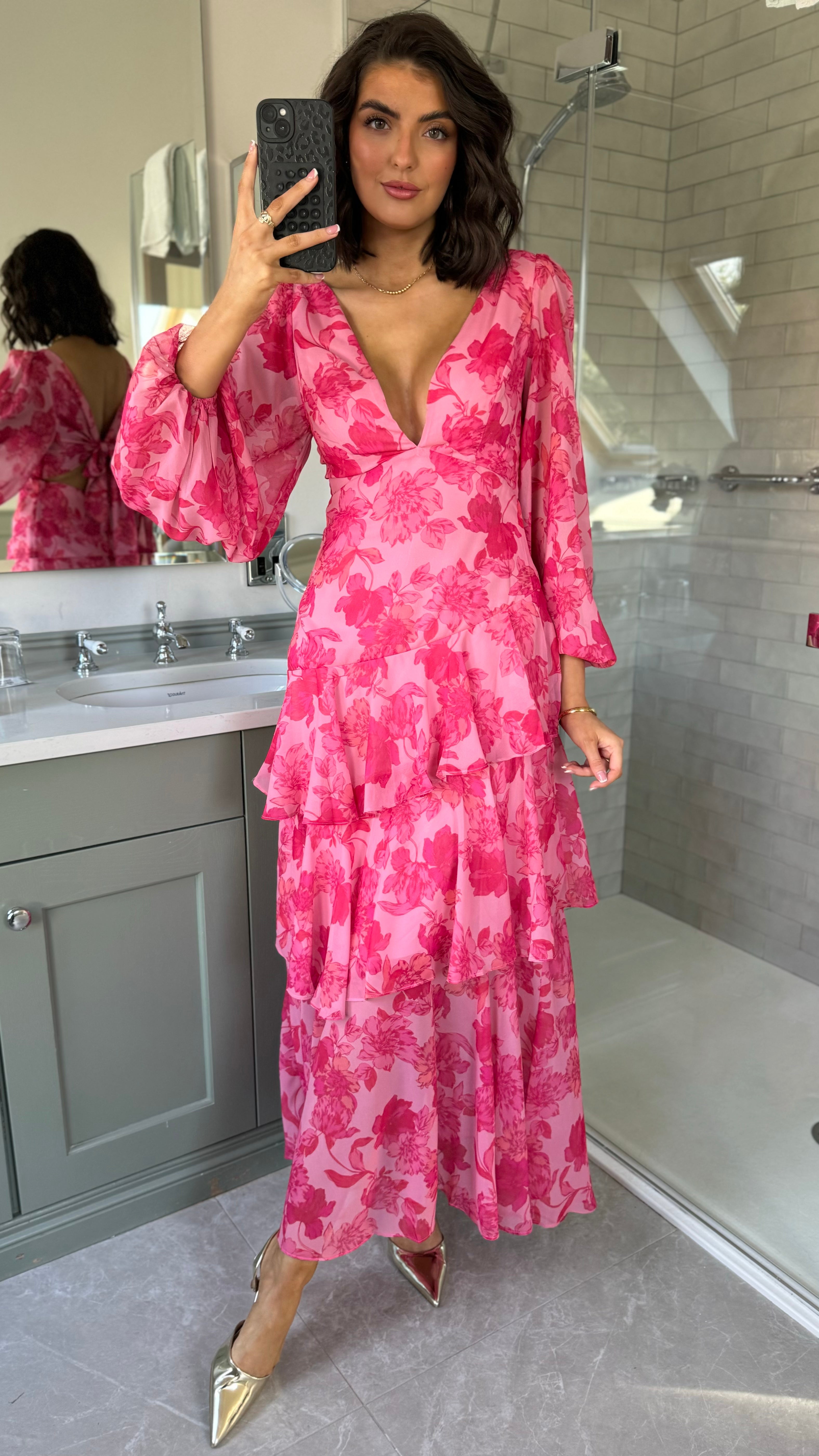 Mariah Pink Floral Tie Back Long Sleeve Tiered Maxi Dress