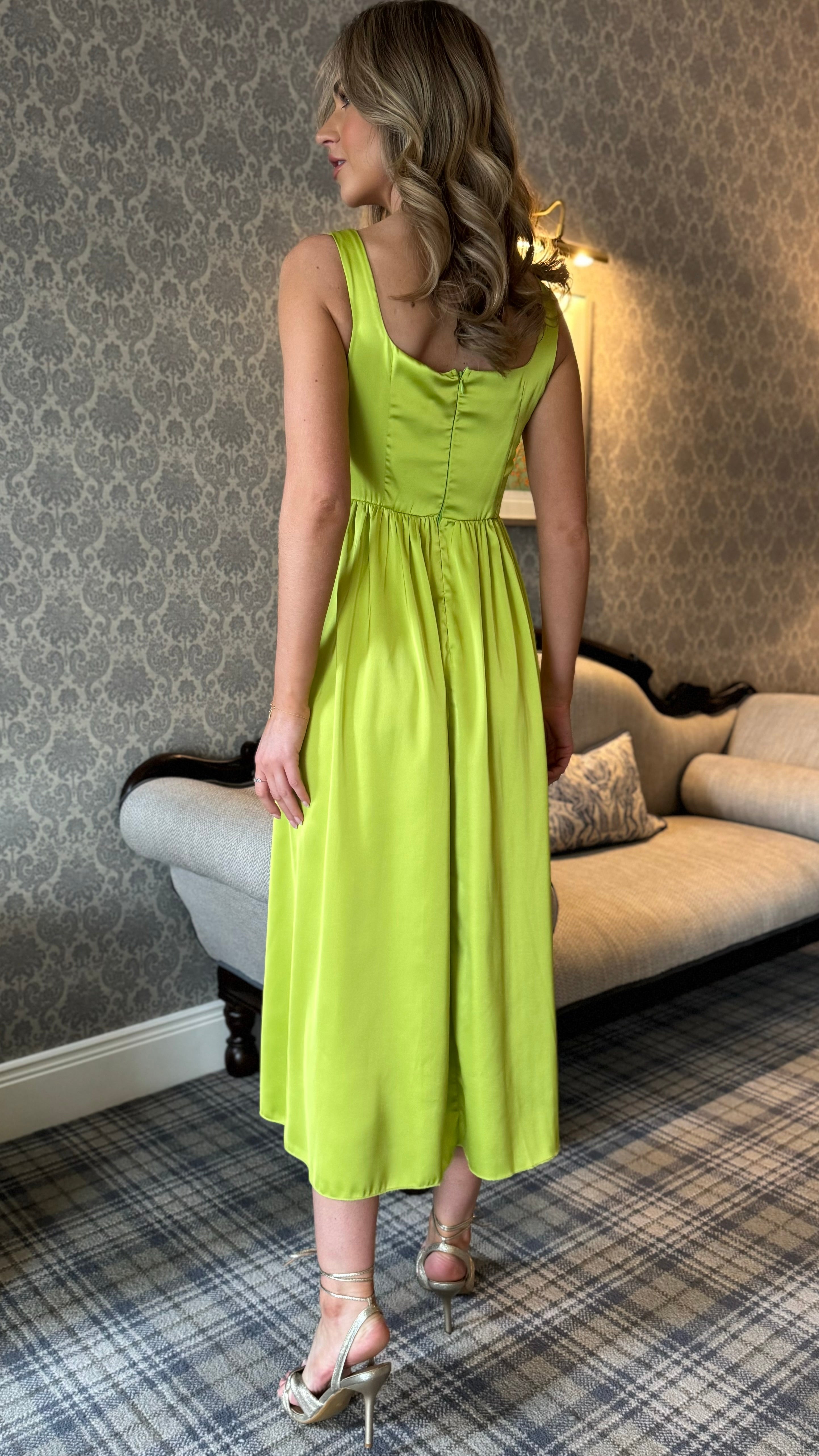 Sigourney Lime Green Satin Finish Maxi Dress