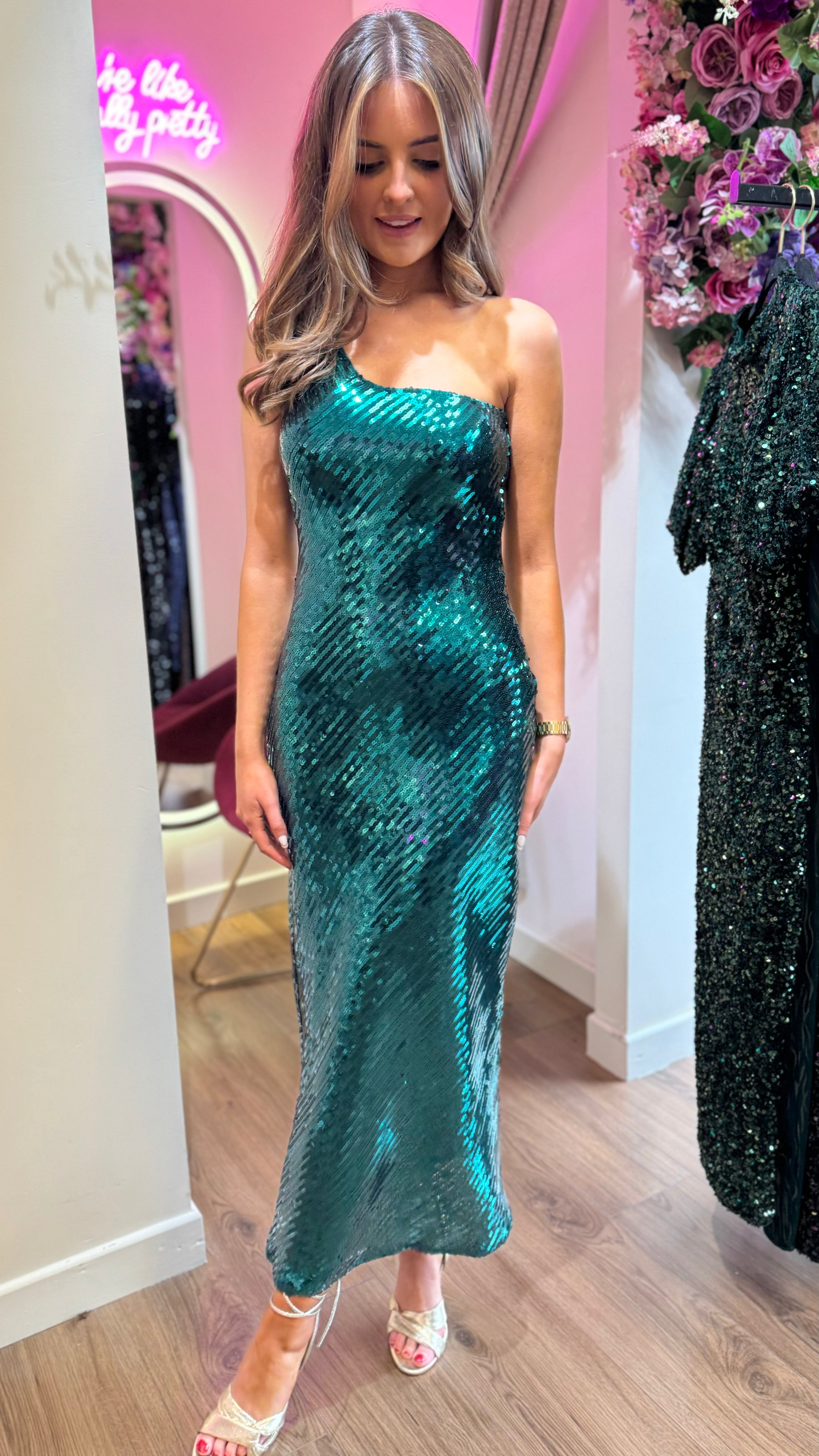 Kendall Green Sequin One Shoulder Maxi Dress